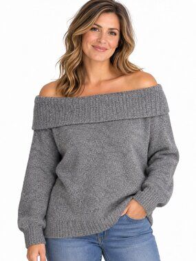 Athmile Women's M Gray Off The Shoulder Knit Sweater Wide Folded Collar NWT